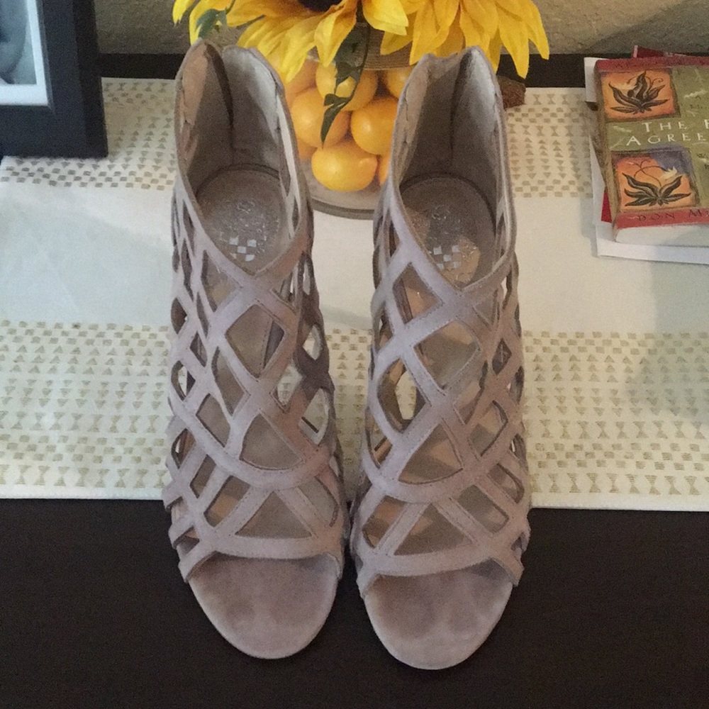 Vince Camuto Caged Strappy Heels Grey Suede